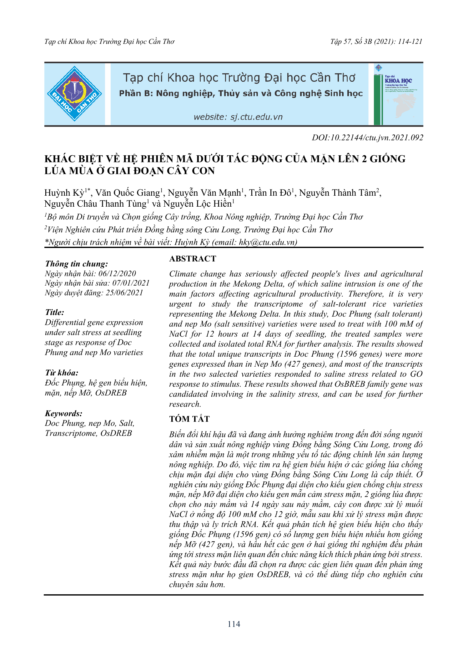 Khác biệt về hệ phiên mã dưới tác động của mặn lên 2 giống lúa mùa ở giai đoạn cây con