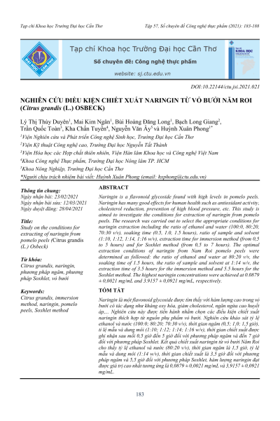 Nghiên cứu điều kiện chiết xuất naringin từ vỏ bưởi Năm Roi (Citrus grandis (L.) Osbeck)