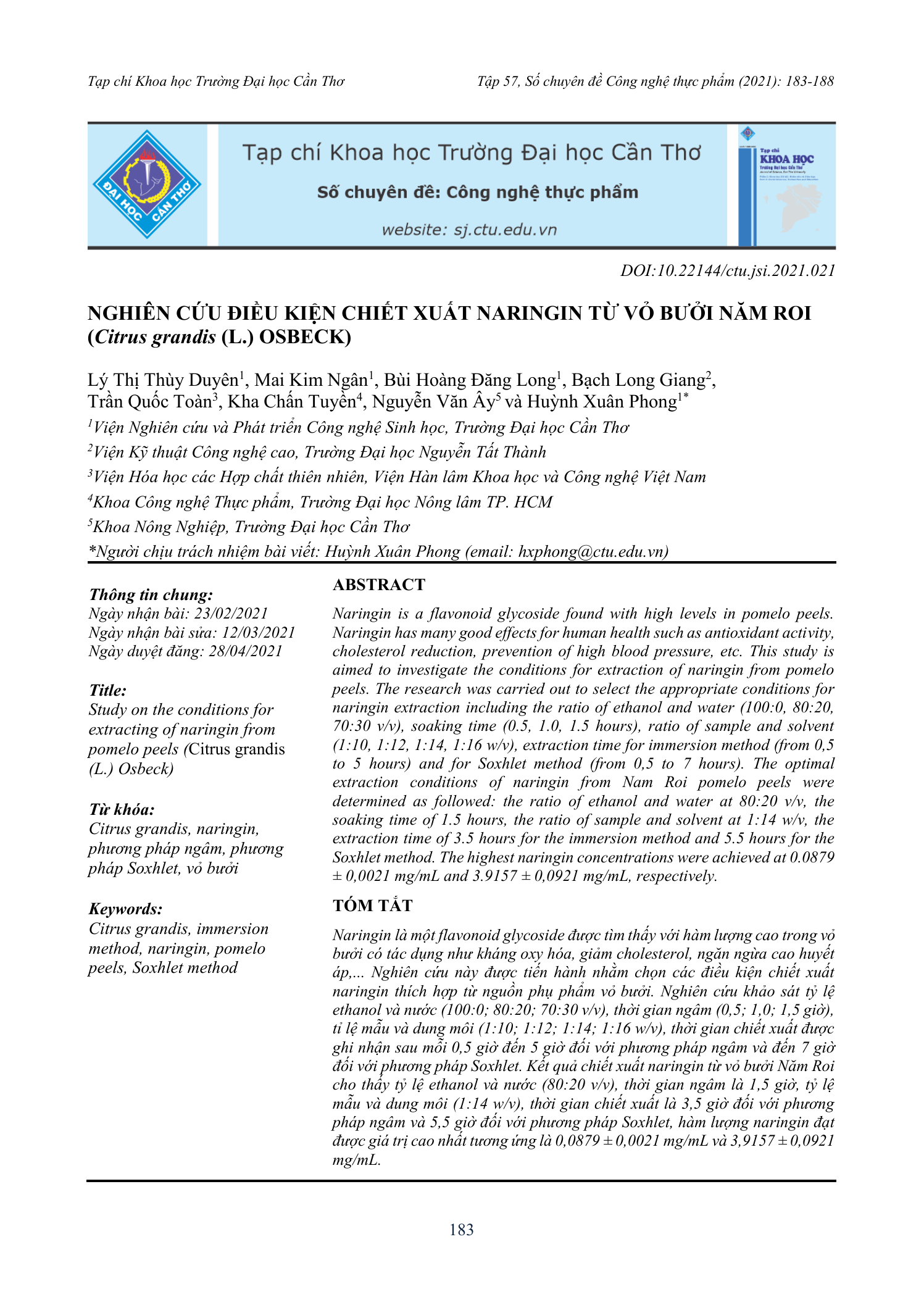 Nghiên cứu điều kiện chiết xuất naringin từ vỏ bưởi Năm Roi (Citrus grandis (L.) Osbeck)