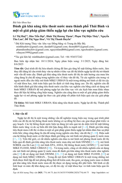 Đánh giá khả năng tiêu thoát nước mưa thành phố Thái Bình và một số giải pháp giảm thiểu ngập lụt cho khu vực nghiên cứu