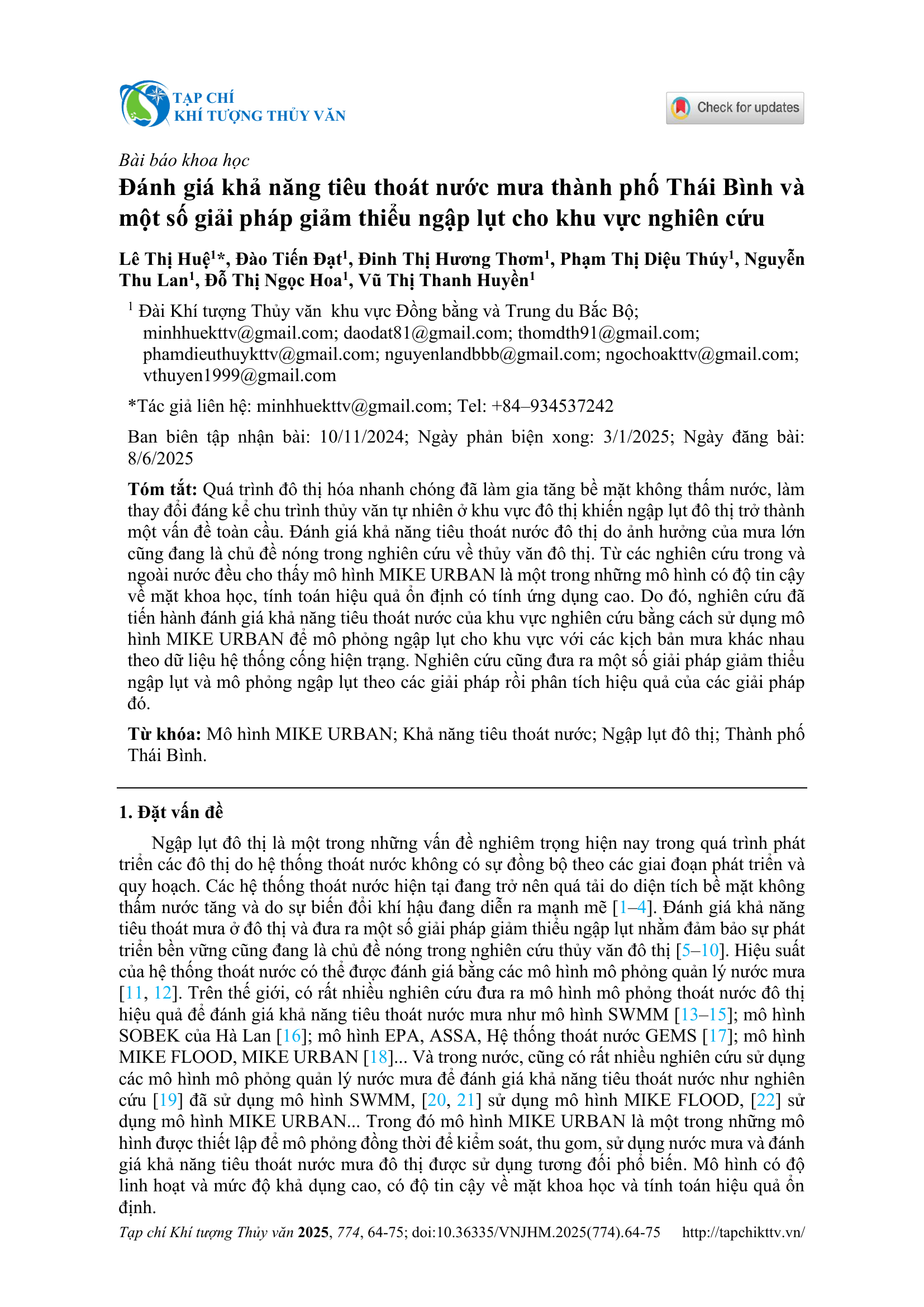 Đánh giá khả năng tiêu thoát nước mưa thành phố Thái Bình và một số giải pháp giảm thiểu ngập lụt cho khu vực nghiên cứu