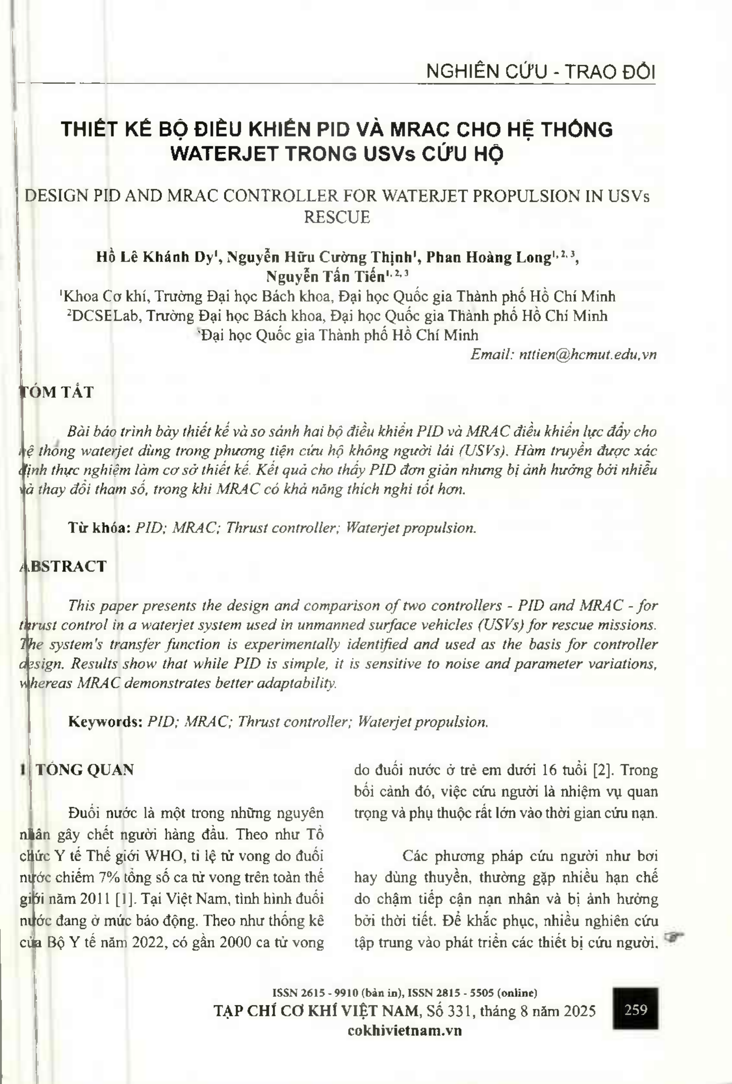 Thiết kế bộ điều khiển PID và MRAC cho hệ thống waterjet trong USVs cứu hộ