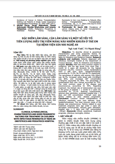 Đặc điểm lâm sàng, cận lâm sàng và một số yếu tố tiên lượng điều trị viêm màng não nhiễm khuẩn ở trẻ em tại Bệnh viện Sản Nhi Nghệ An
