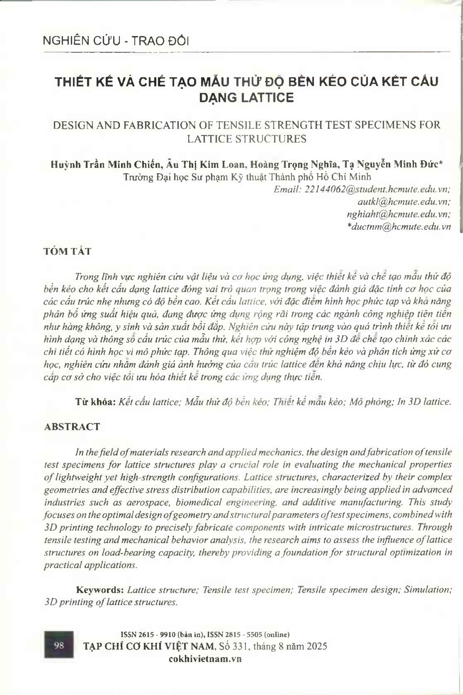 Thiết kế và chế tạo mẫu thử độ bền kéo của kết cấu dạng lattice