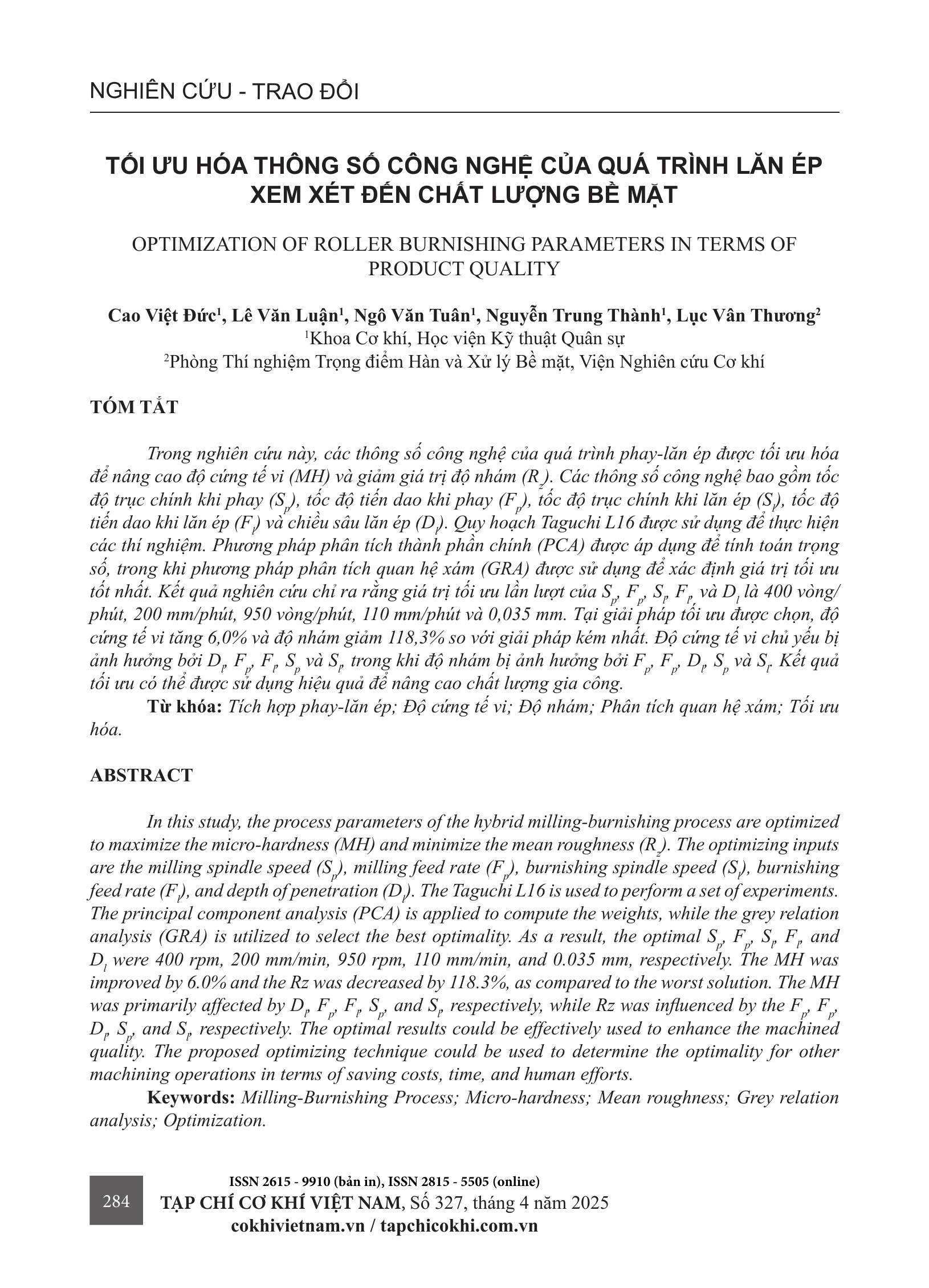 Tối ưu hóa thông số công nghệ của quá trình lăn ép xem xét đến chất lượng bề mặt