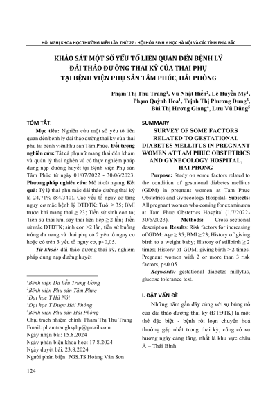 Khảo sát một số yếu tố liên quan đến bệnh lý đái tháo đường thai kỳ của thai phụ tại bệnh viện phụ sản Tâm Phúc, Hải Phòng