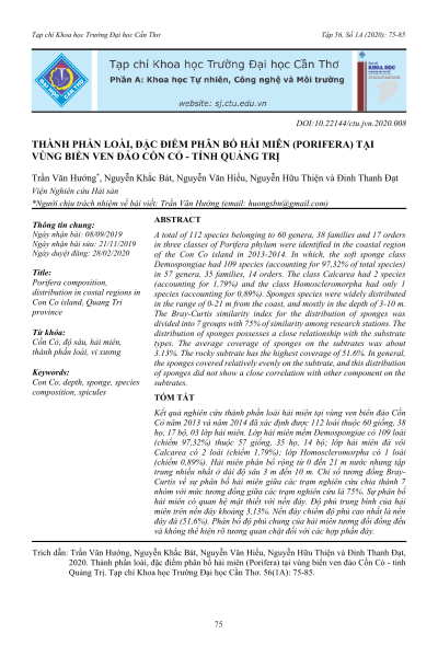 Thành phần loài, đặc điểm phân bố hải miên (Porifera) tại vùng biển ven đảo Cồn Cỏ – tỉnh Quảng Trị