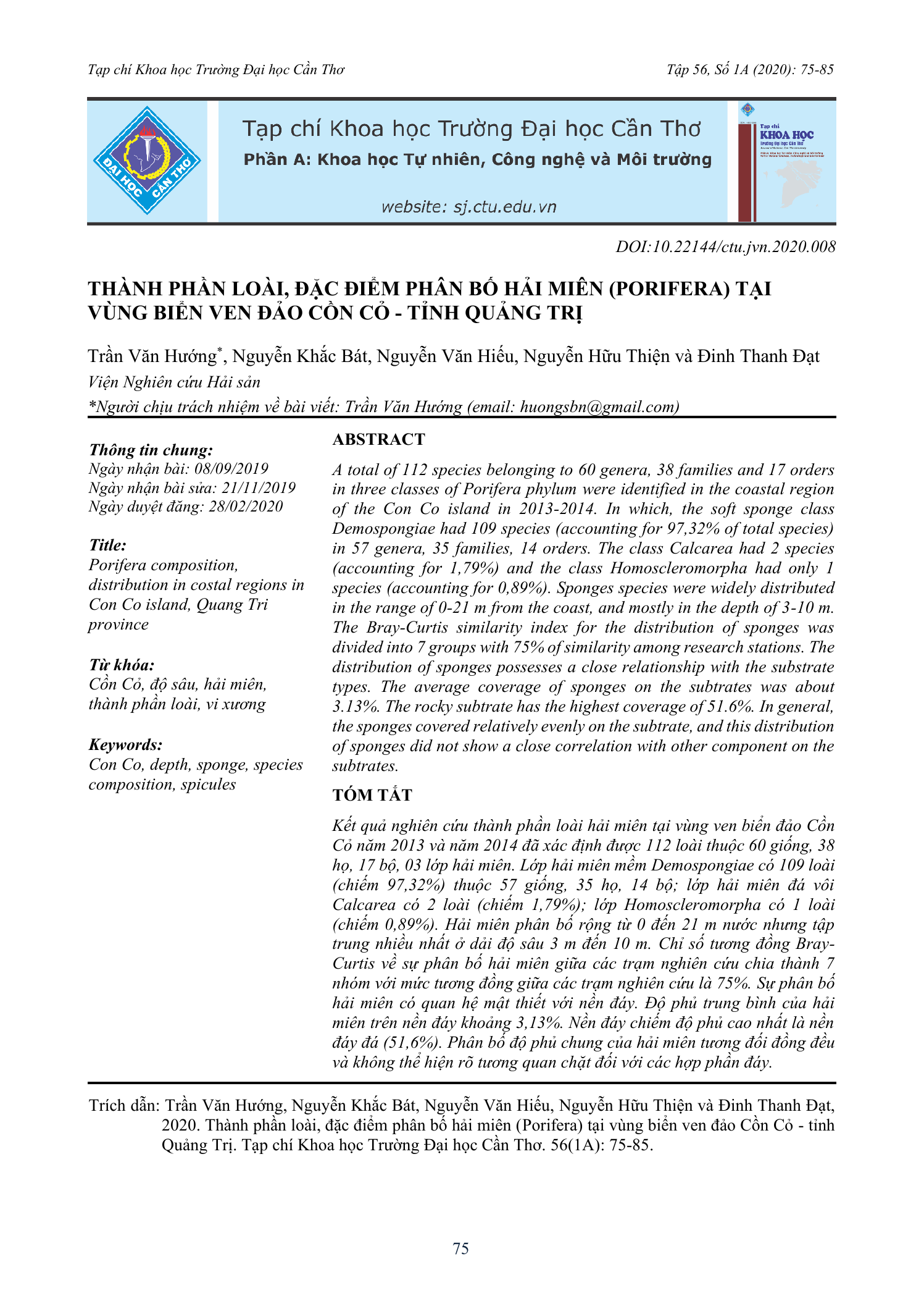 Thành phần loài, đặc điểm phân bố hải miên (Porifera) tại vùng biển ven đảo Cồn Cỏ – tỉnh Quảng Trị