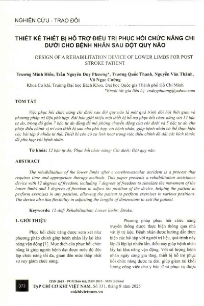 Thiết kế thiết bị hỗ trợ điều trị phục hồi chức năng chi dưới cho bệnh nhân sau đột quỵ não