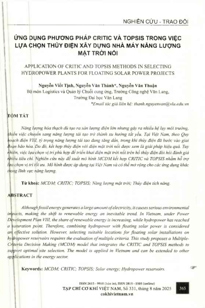 Ứng dụng phương pháp CRITIC và TOPSIS trong việc lựa chọn thủy điện xây dựng nhà máy năng lượng mặt trời nổi