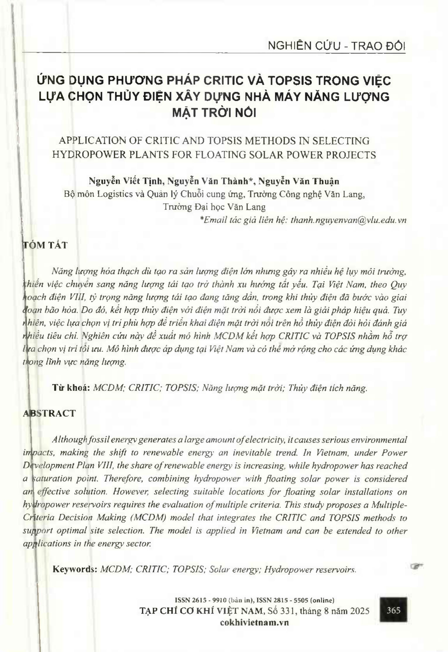 Ứng dụng phương pháp CRITIC và TOPSIS trong việc lựa chọn thủy điện xây dựng nhà máy năng lượng mặt trời nổi