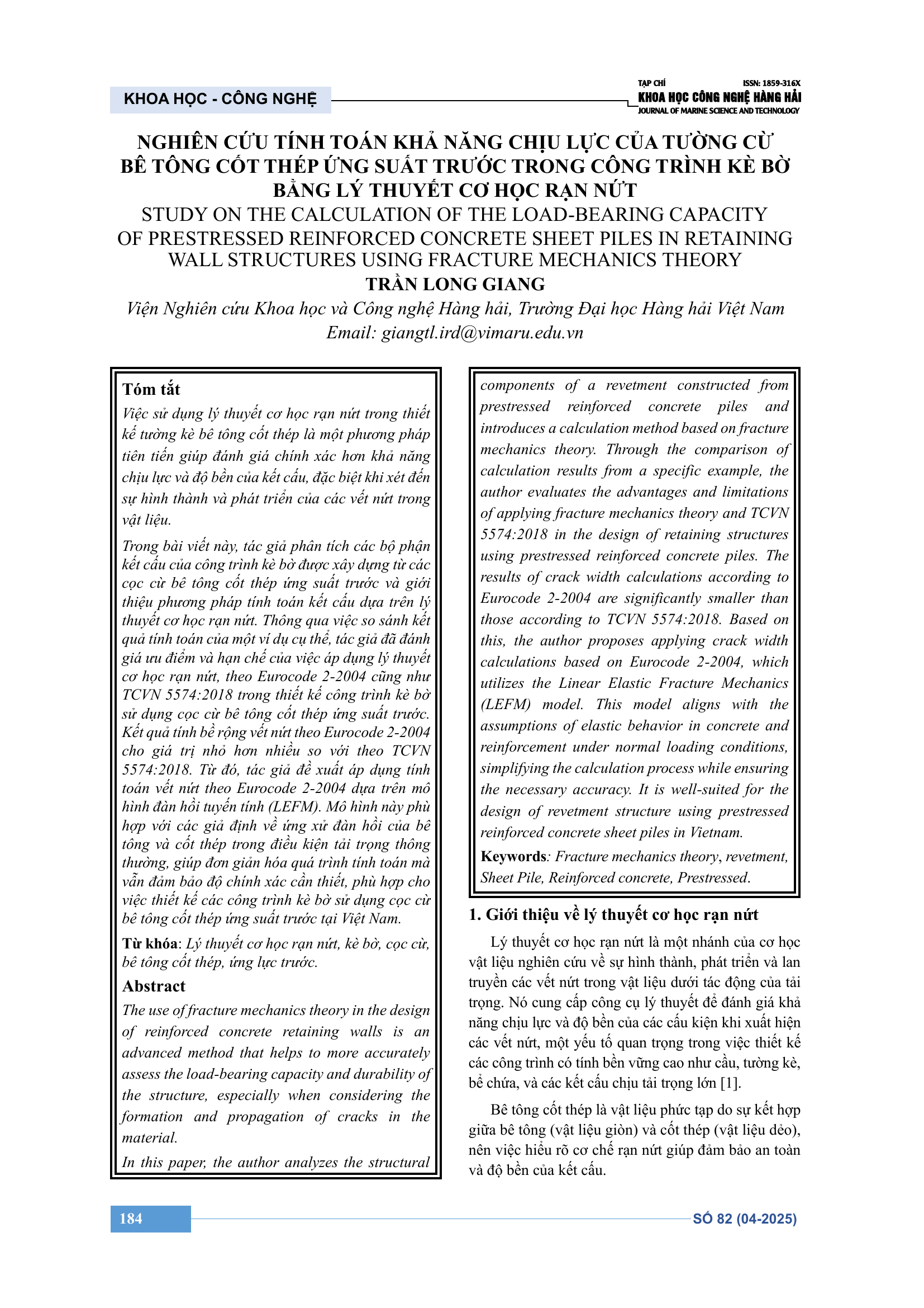 Nghiên cứu tính toán khả năng chịu lực của tường cừ bê tông cốt thép ứng suất trước trong công trình kè bờ bằng lý thuyết cơ học rạn nứt