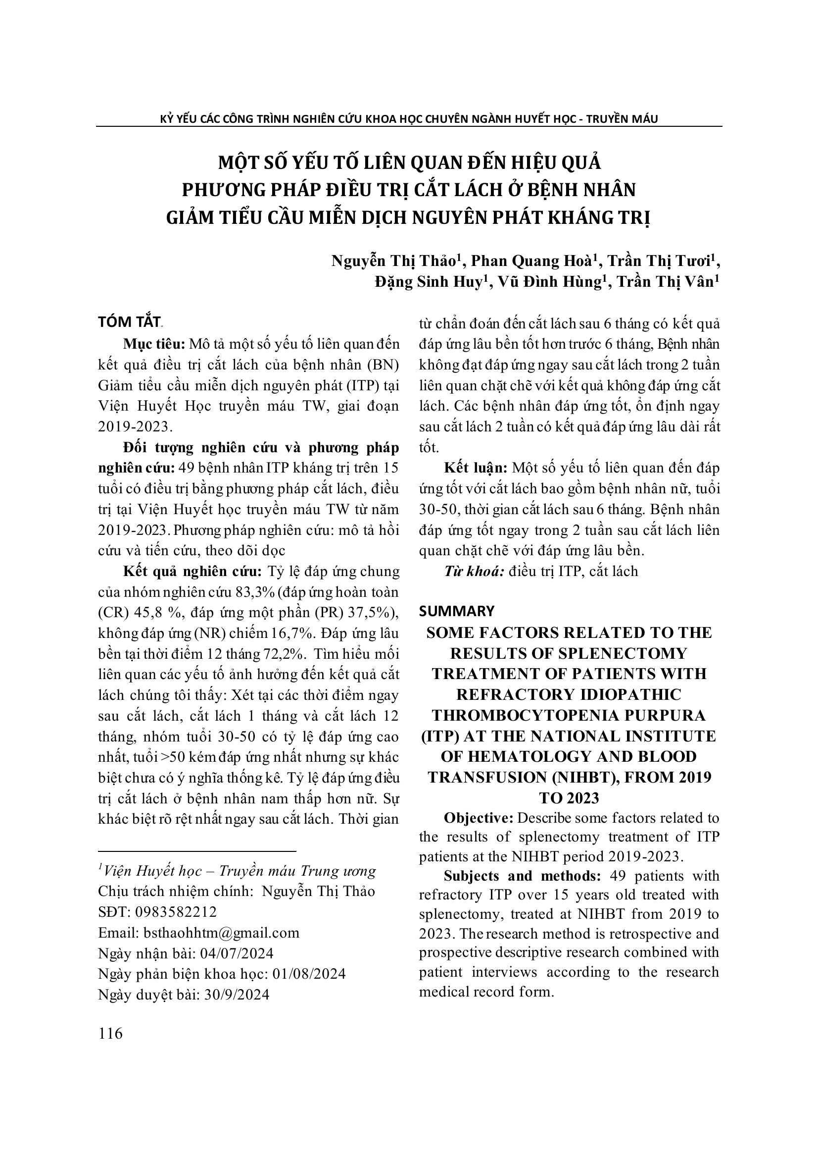 Một số yếu tố liên quan đến hiệu quả phương pháp điều trị cắt lách ở bệnh nhân giảm tiểu cầu miễn dịch nguyên phát kháng trị