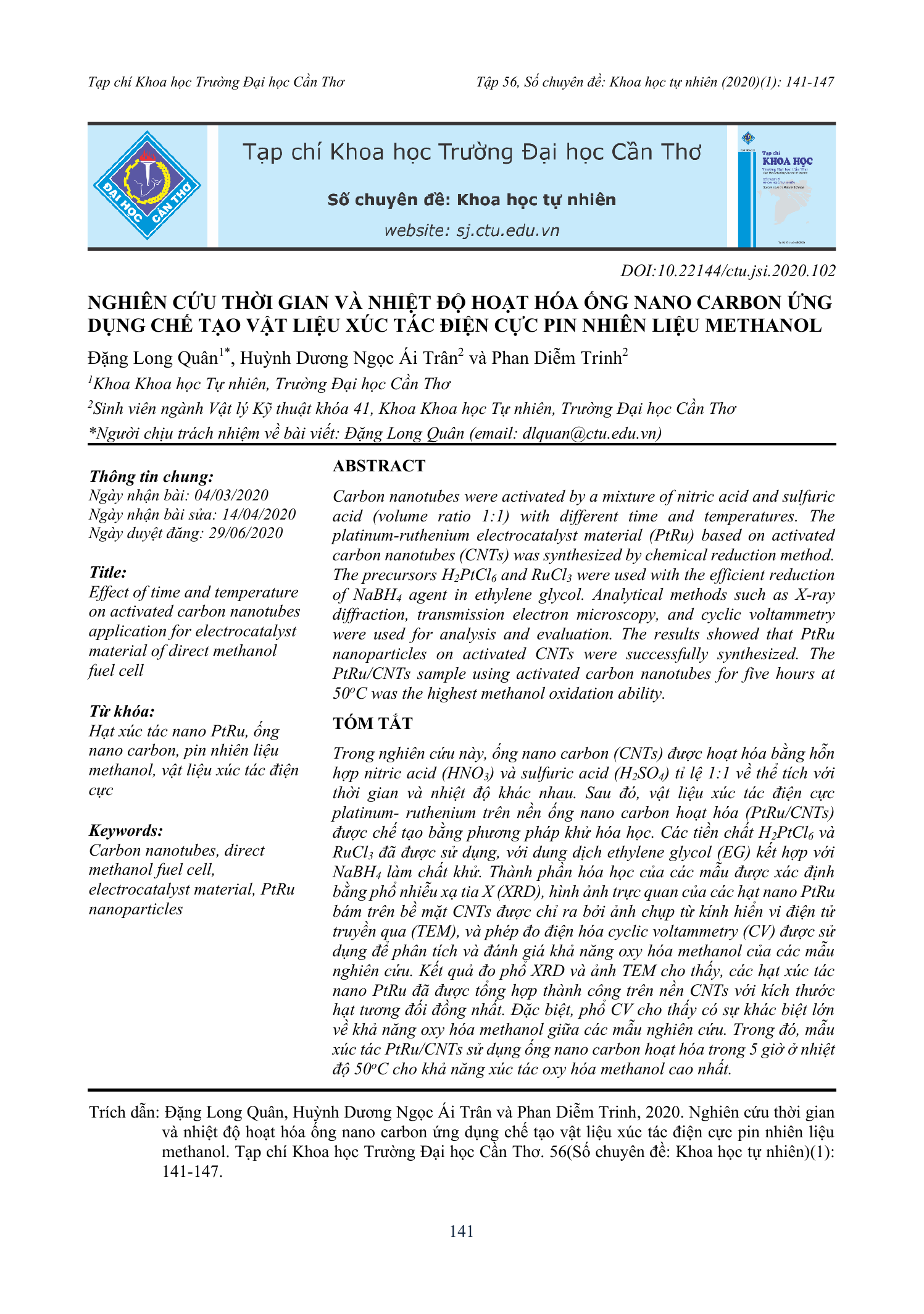 Nghiên cứu thời gian và nhiệt độ hoạt hóa ống nano carbon ứng dụng chế tạo vật liệu xúc tác điện cực pin nhiên liệu methanol