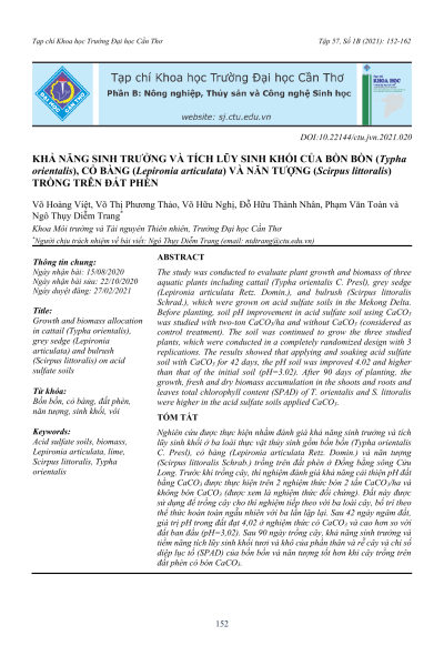 Khả năng sinh trưởng và tích lũy sinh khối của bồn bồn (Typha orientalis), cỏ bàng (Lepironia articulata) và năn tượng (Scirpus littoralis) trồng trên đất phèn