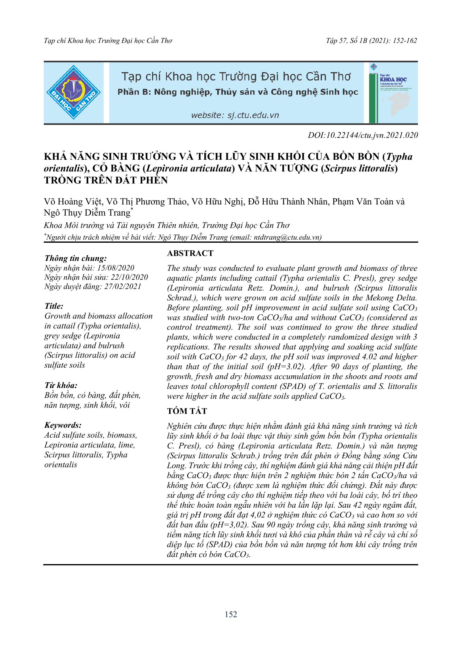 Khả năng sinh trưởng và tích lũy sinh khối của bồn bồn (Typha orientalis), cỏ bàng (Lepironia articulata) và năn tượng (Scirpus littoralis) trồng trên đất phèn