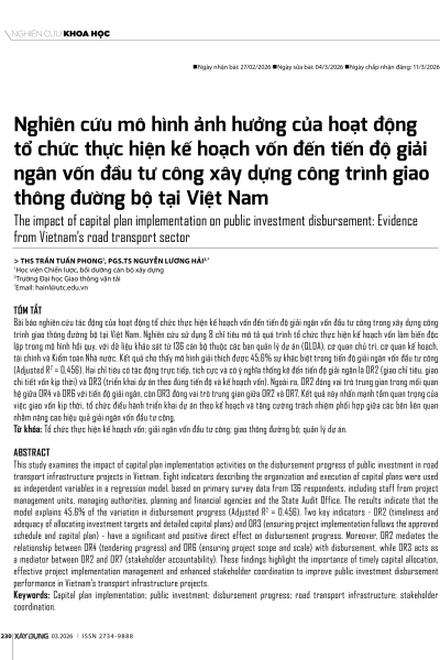Nghiên cứu mô hình ảnh hưởng của hoạt động tổ chức thực hiện kế hoạch vốn đến tiến độ giải ngân vốn đầu tư công xây dựng công trình giao thông đường bộ tại Việt Nam