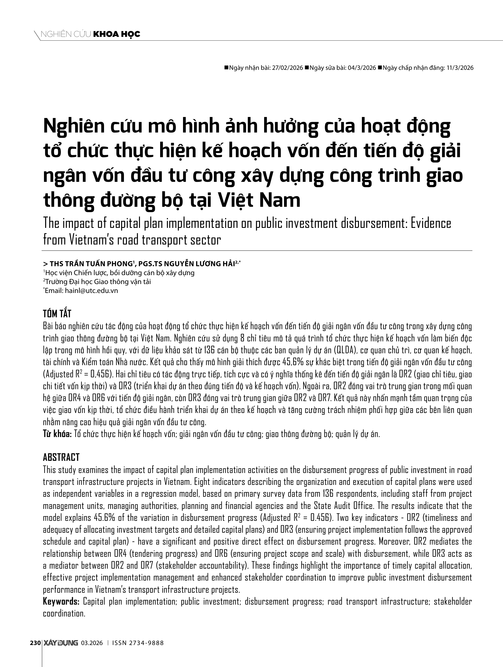 Nghiên cứu mô hình ảnh hưởng của hoạt động tổ chức thực hiện kế hoạch vốn đến tiến độ giải ngân vốn đầu tư công xây dựng công trình giao thông đường bộ tại Việt Nam