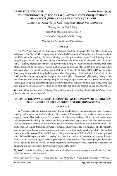 Nghiên cứu động lực học xe tải quay vòng có trang bị hệ thống phanh hỗ trợ khẩn cấp và phân phối lực phanh