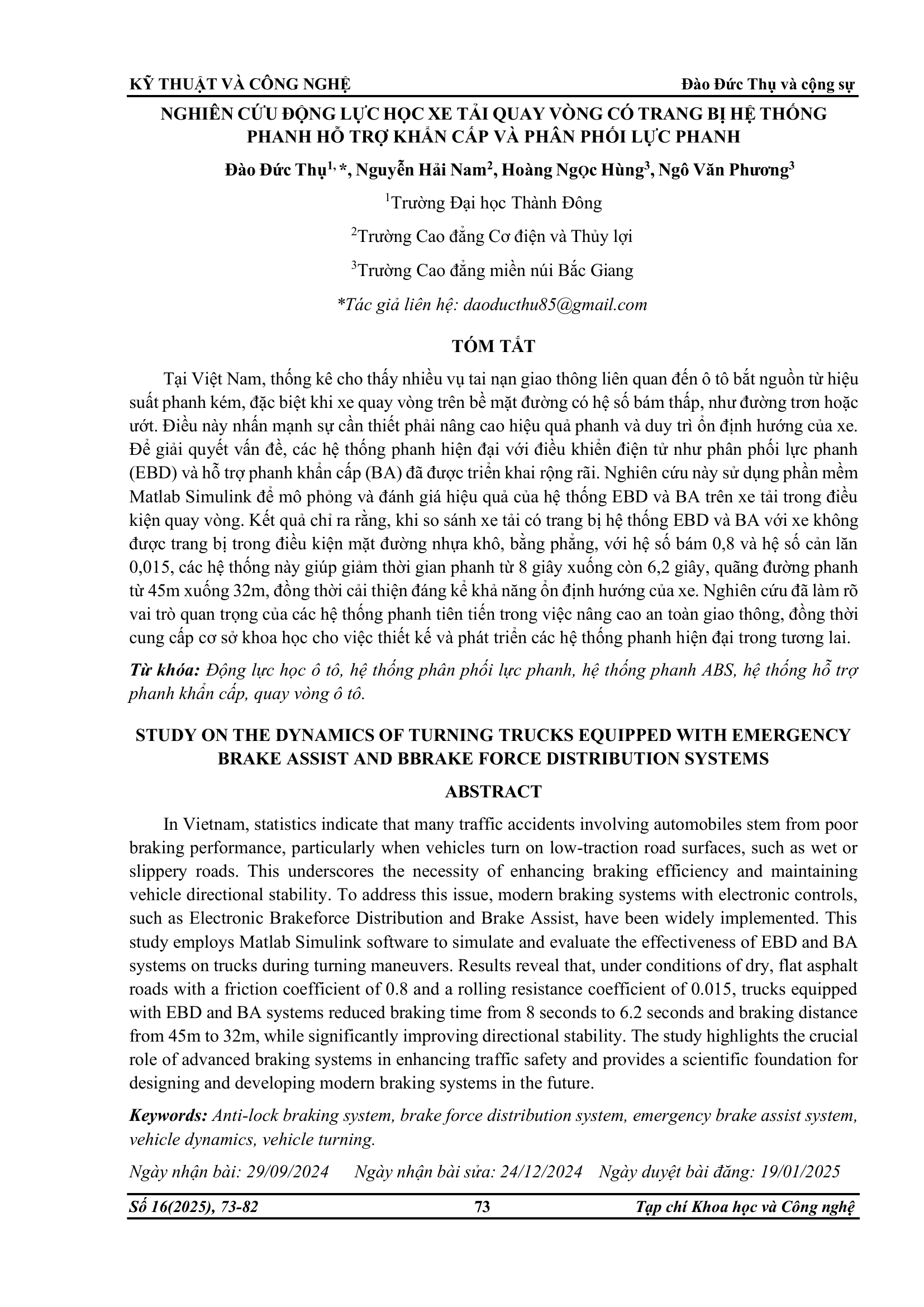 Nghiên cứu động lực học xe tải quay vòng có trang bị hệ thống phanh hỗ trợ khẩn cấp và phân phối lực phanh
