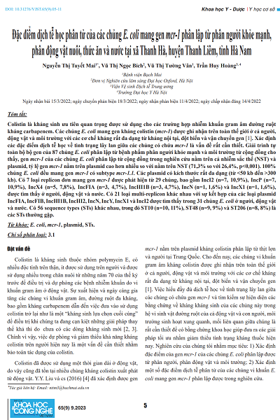 Đặc điểm dịch tễ học phân tử của các chủng E. coli mang gen mcr-1 phân lập từ phân người khỏe mạnh, phân động vật nuôi, thức ăn và nước tại xã Thanh Hà, huyện Thanh Liêm, tỉnh Hà Nam