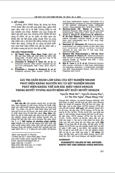 Giá trị chẩn đoán lâm sàng của xét nghiệm nhanh phát hiện kháng nguyên NS1 và xét nghiệm nhanh phát hiện kháng thể IgM đặc hiệu virus dengue trong huyết tương người bệnh sốt xuất huyết dengue