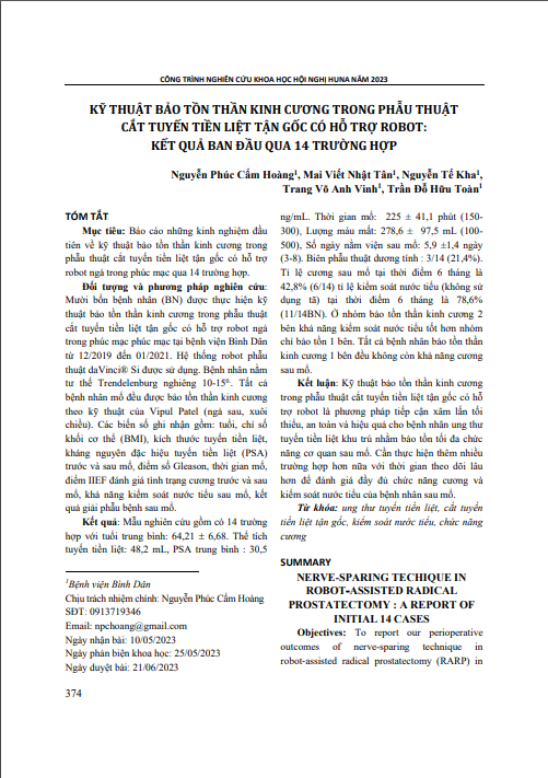 Kỹ thuật bảo tồn thần kinh cương trong phẫu thuật cắt tuyến tiền liệt tận gốc có hỗ trợ robot: Kết quả ban đầu qua 14 trường hợp