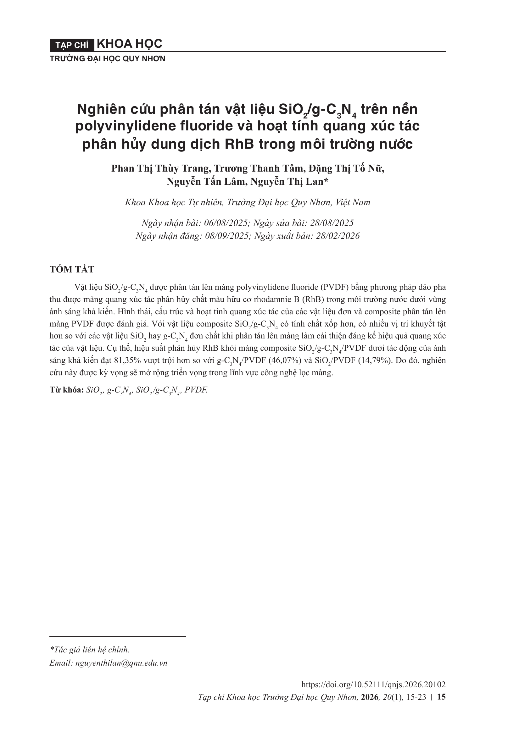 Nghiên cứu phân tán vật liệu SiO2/g-C3N4 trên nền polyvinylidene fluoride và hoạt tính quang xúc tác phân hủy dung dịch RhB trong môi trường nước