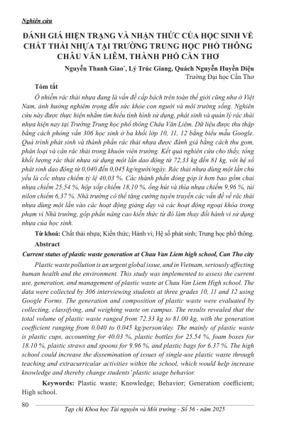 Đánh giá hiện trạng và nhận thức của học sinh về chất thải nhựa tại Trường trung học phổ thông Châu Văn Liêm, thành phố Cần Thơ