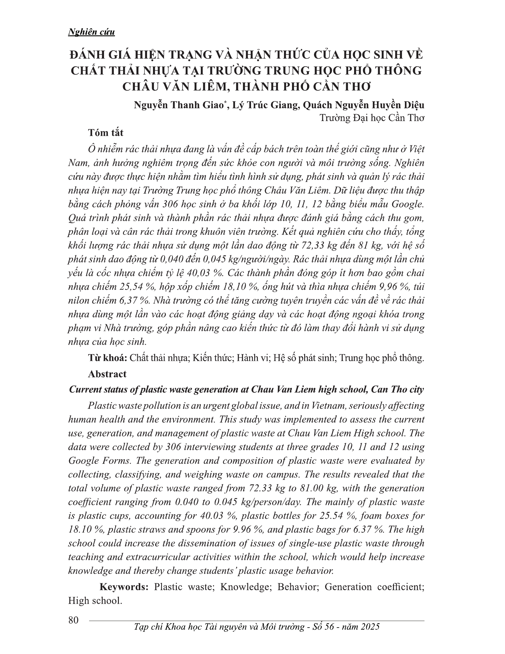 Đánh giá hiện trạng và nhận thức của học sinh về chất thải nhựa tại Trường trung học phổ thông Châu Văn Liêm, thành phố Cần Thơ