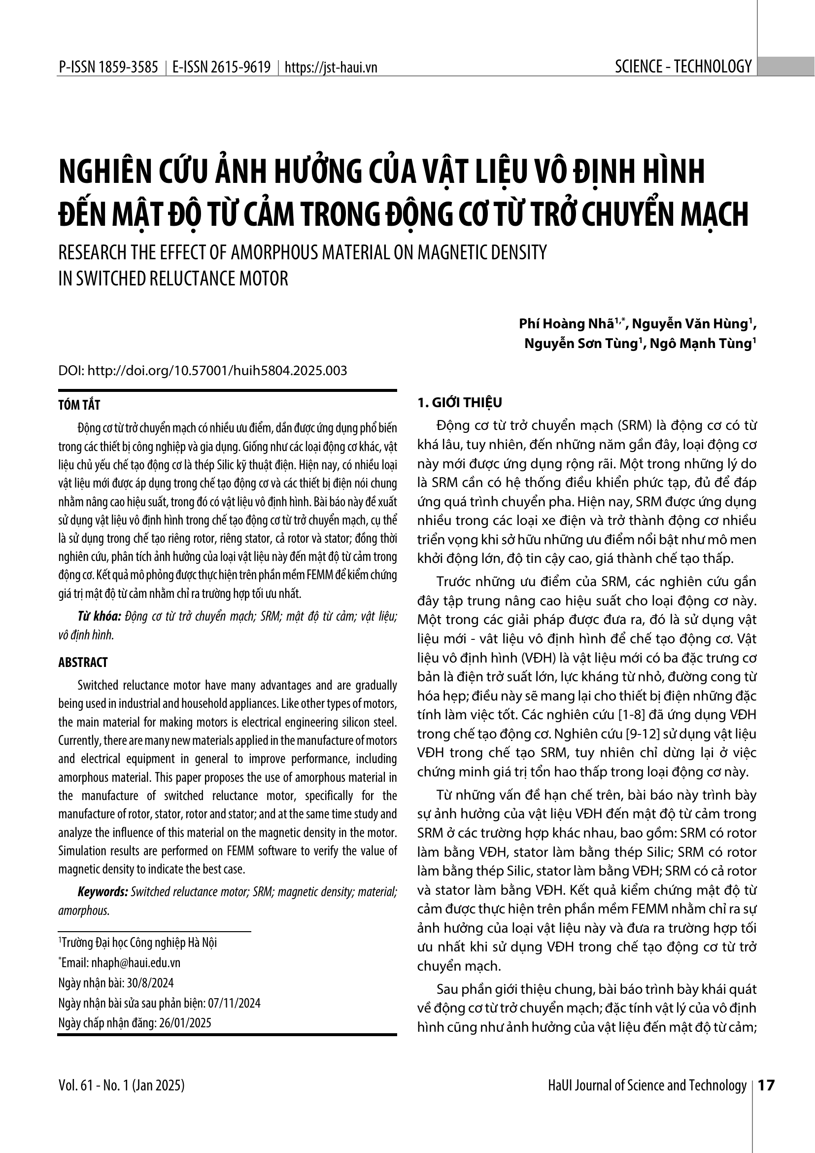 Nghiên cứu ảnh hưởng của vật liệu vô định hình đến mật độ từ cảm trong động cơ từ trở chuyển mạch