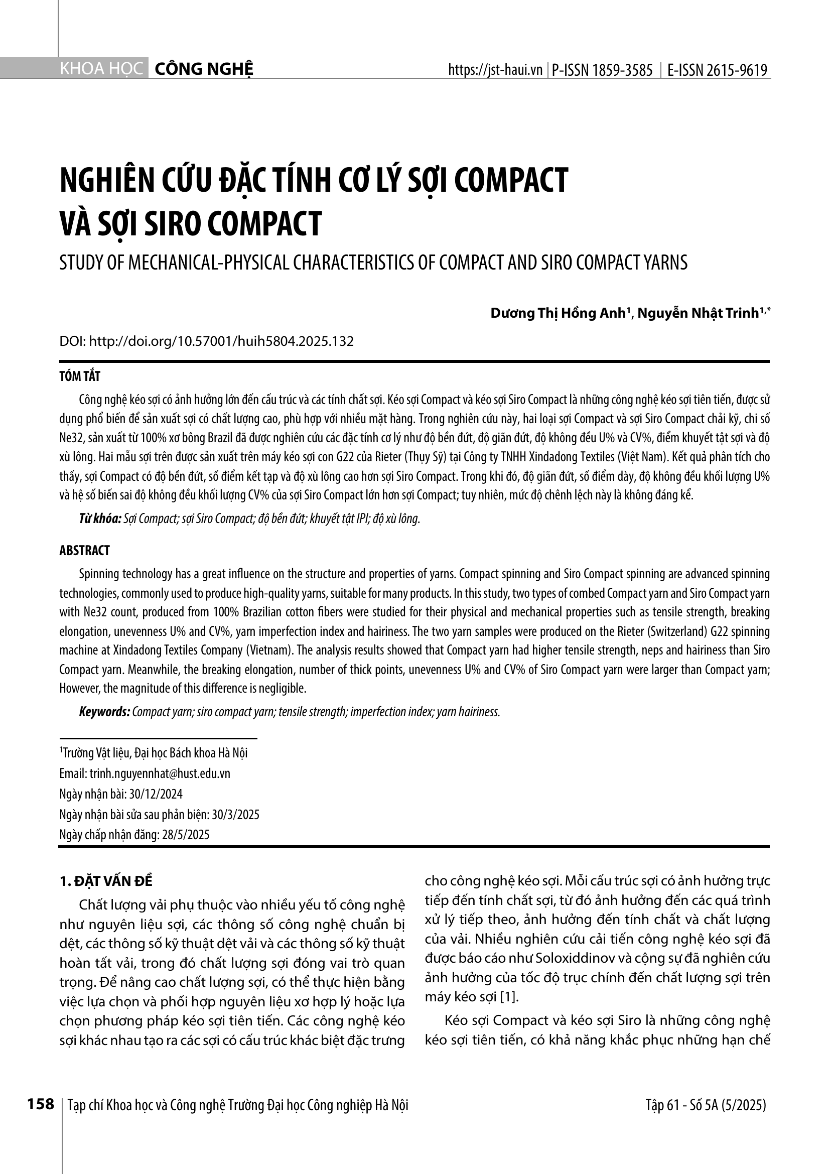 Nghiên cứu đặc tính cơ lý sợi compact và sợi siro compact