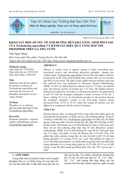 Khảo sát một số yếu tố ảnh hưởng đến khả năng sinh phytase của Trichoderma asperellum và đánh giá hiệu quả tăng hấp thu phosphor trên gà thả vườn
