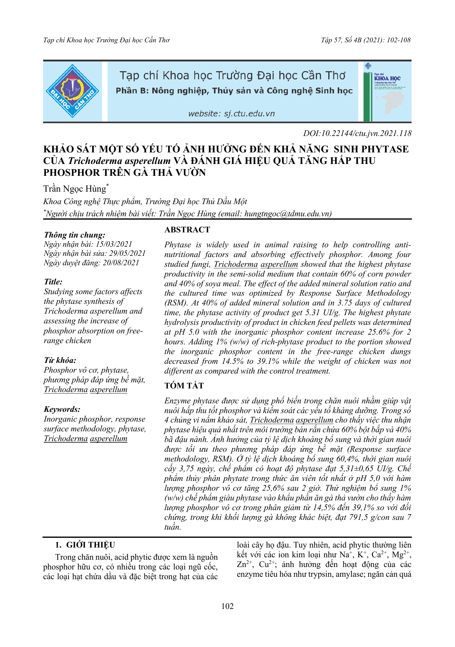 Khảo sát một số yếu tố ảnh hưởng đến khả năng sinh phytase của Trichoderma asperellum và đánh giá hiệu quả tăng hấp thu phosphor trên gà thả vườn