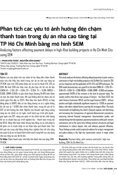 Phân tích các yếu tố ảnh hưởng đến chậm thanh toán trong dự án nhà cao tầng tại TP Hồ Chí Minh bằng mô hình SEM