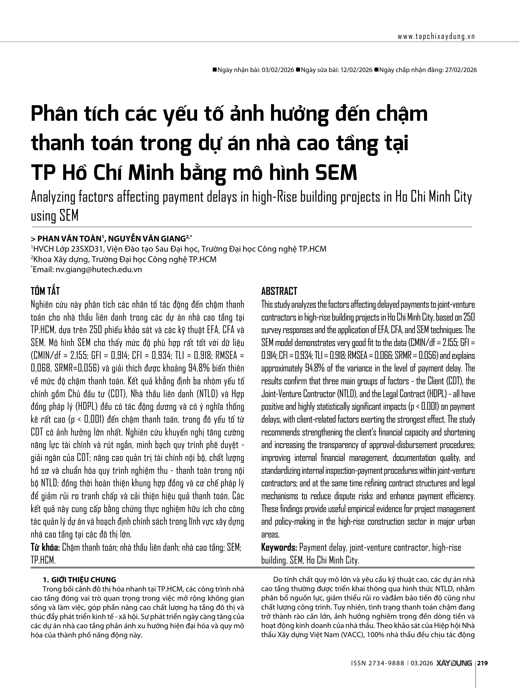 Phân tích các yếu tố ảnh hưởng đến chậm thanh toán trong dự án nhà cao tầng tại TP Hồ Chí Minh bằng mô hình SEM