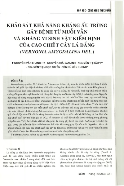 Khảo sát khả năng kháng ấu trùng gây bệnh từ muỗi vằn và kháng vi sinh vật kiểm định của cao chiết cây lá đắng (Vernonia amygdalina Del.)