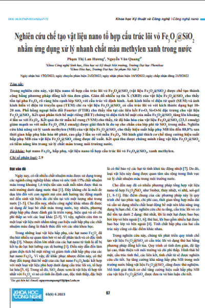 Nghiên cứu chế tạo vật liệu nano tổ hợp cấu trúc lõi vỏ Fe3O4@SiO2 nhằm ứng dụng xử lý nhanh chất màu methylen xanh trong nước