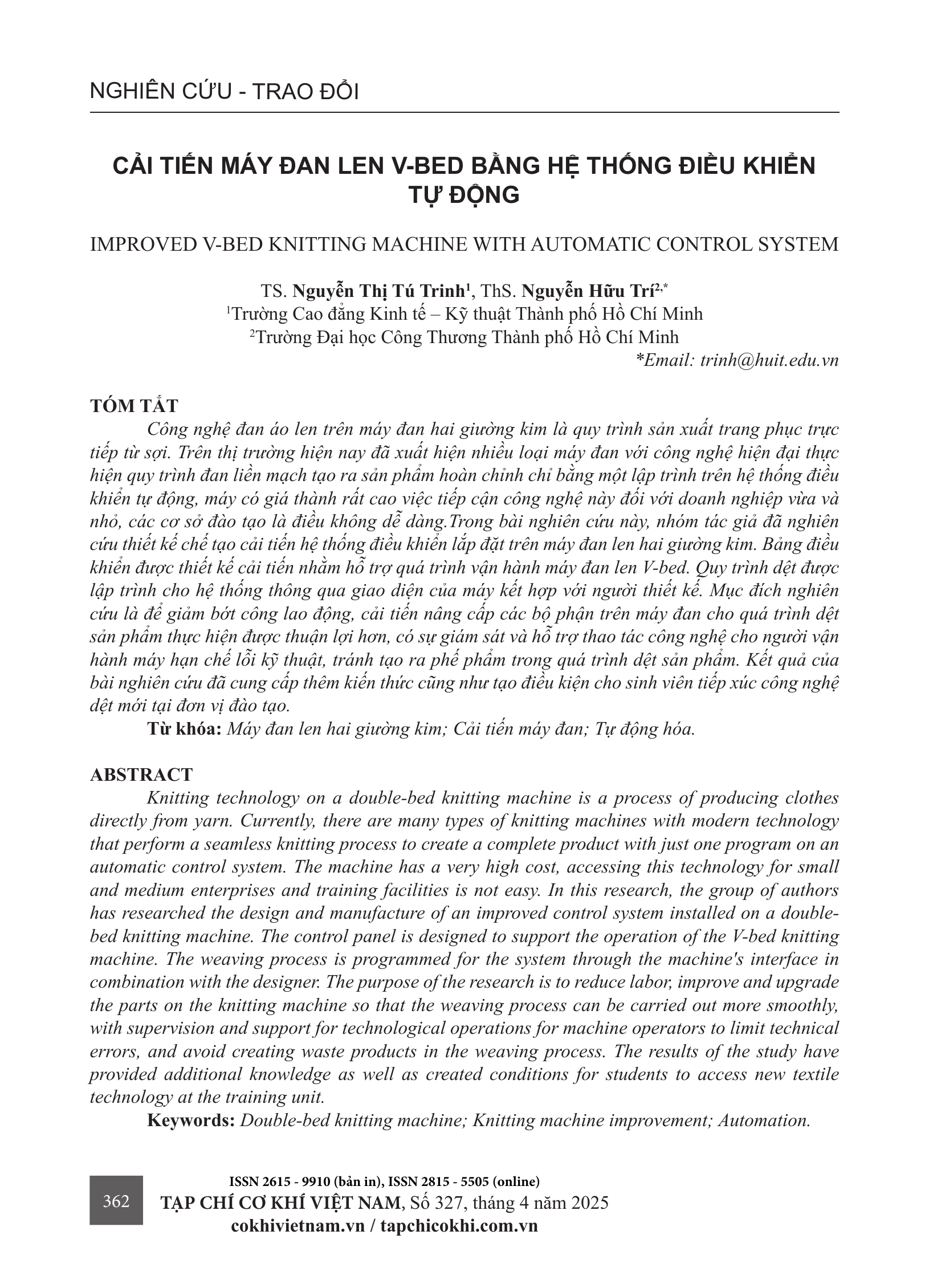 Cải tiến máy đan len V-bed bằng hệ thống điều khiển tự động