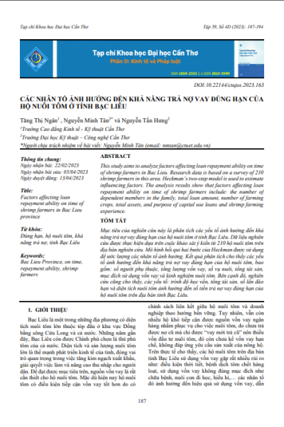 Các nhân tố ảnh hưởng đến khả năng trả nợ vay đúng hạn của hộ nuôi tôm ở tỉnh Bạc Liêu