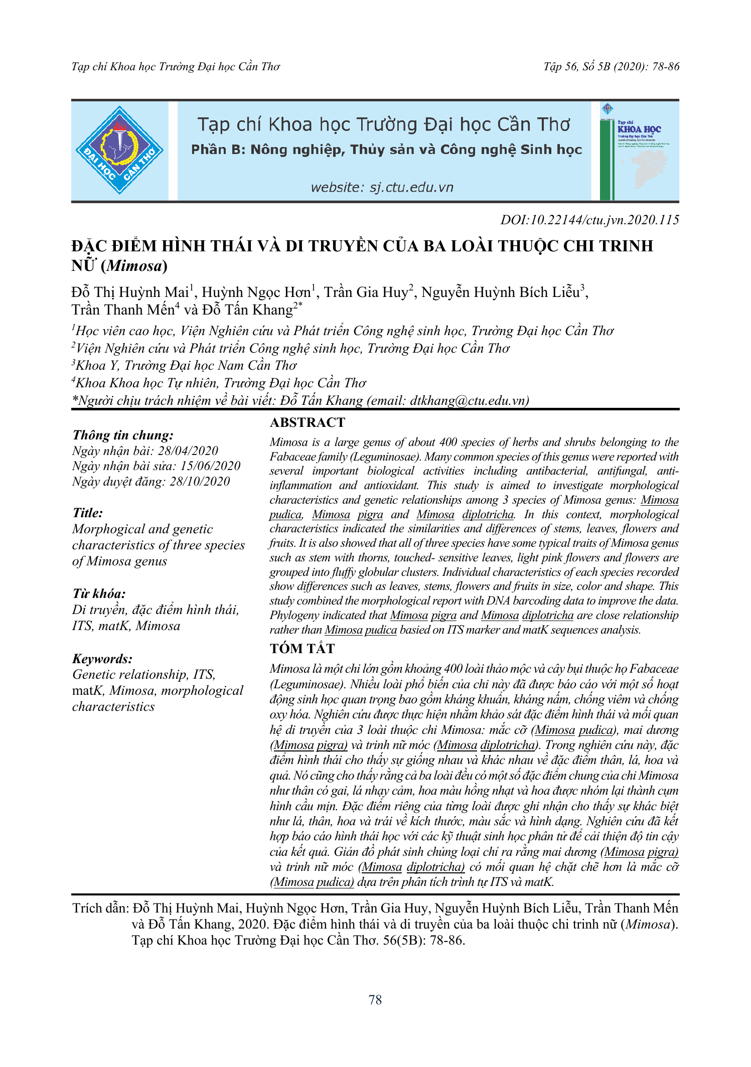 Đặc điểm hình thái và di truyền của ba loài thuộc chi trinh nữ (Mimosa)