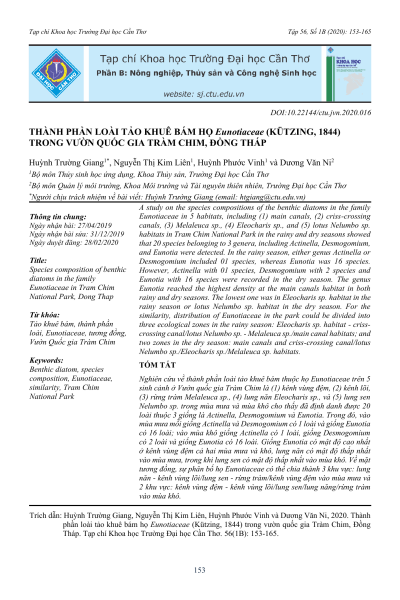 Thành phần loài tảo khuê bám họ Eunotiaceae (Kützing, 1844) trong Vườn Quốc gia Tràm Chim, Đồng Tháp