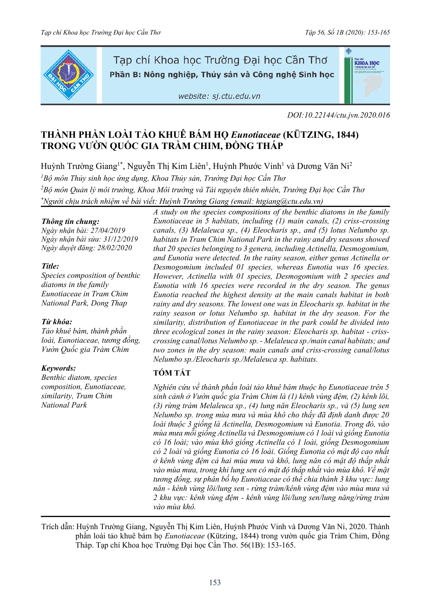 Thành phần loài tảo khuê bám họ Eunotiaceae (Kützing, 1844) trong Vườn Quốc gia Tràm Chim, Đồng Tháp