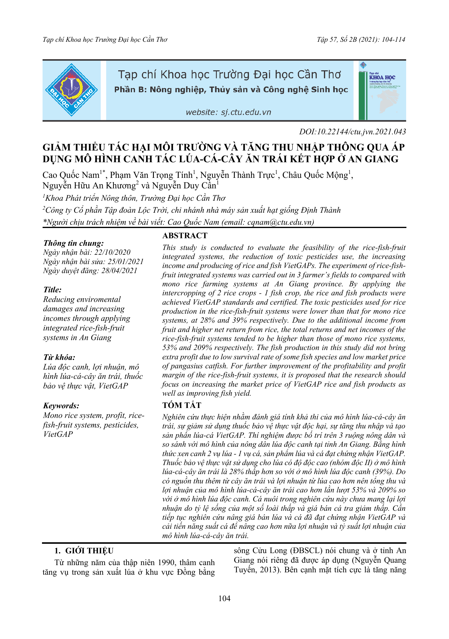 Giảm thiểu tác hại môi trường và tăng thu nhập thông qua áp dụng mô hình canh tác lúa-cá-cây ăn trái kết hợp ở An Giang