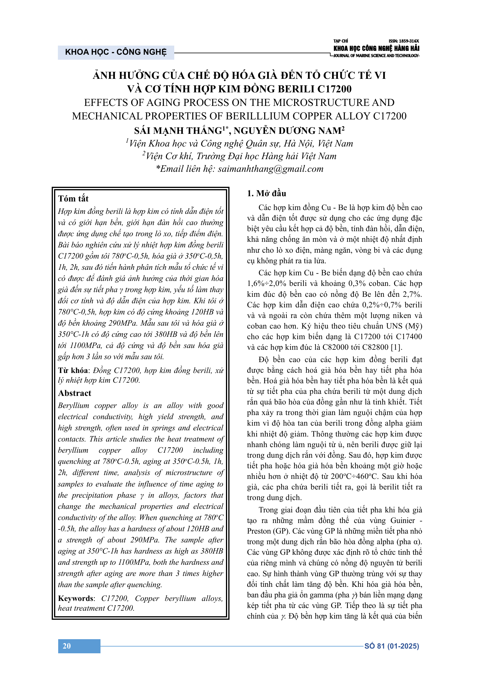 Ảnh hưởng của chế độ hóa già đến tổ chức tế vi và cơ tính hợp kim đồng berili C17200
