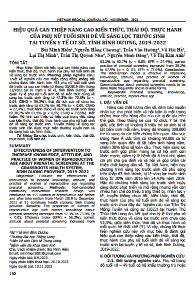 Hiệu quả can thiệp nâng cao kiến thức, thái độ, thực hành của phụ nữ tuổi sinh đẻ về sàng lọc trước sinh tại tuyến y tế cơ sở, tỉnh Bình Dương, 2019-2022