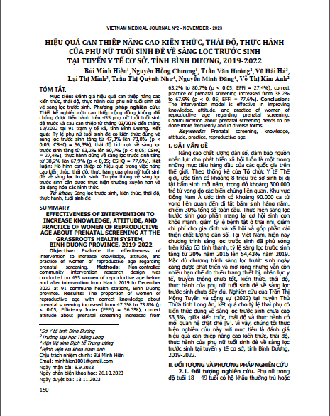 Hiệu quả can thiệp nâng cao kiến thức, thái độ, thực hành của phụ nữ tuổi sinh đẻ về sàng lọc trước sinh tại tuyến y tế cơ sở, tỉnh Bình Dương, 2019-2022