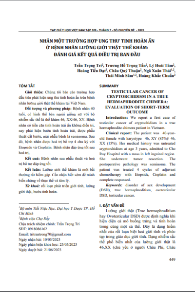 Nhân một trường hợp ung thư tinh hoàn ẩn ở bệnh nhân lưỡng giới thật thể khảm: Đánh giá kết quả điều trị ban đầu