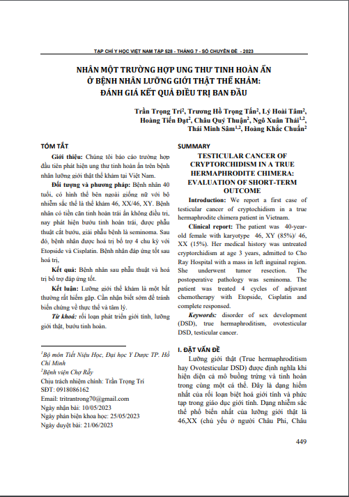 Nhân một trường hợp ung thư tinh hoàn ẩn ở bệnh nhân lưỡng giới thật thể khảm: Đánh giá kết quả điều trị ban đầu