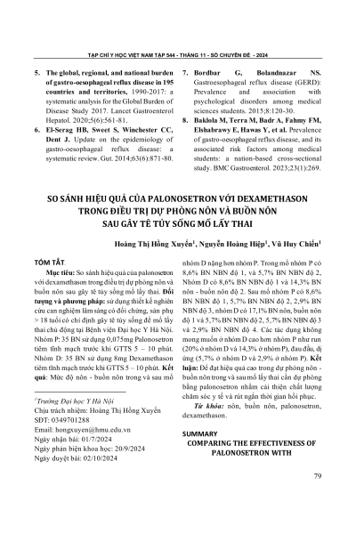 So sánh hiệu quả của palonosetron với dexamethason trong điều trị dự phòng nôn và buồn nôn sau gây tê tủy sống mổ lấy thai